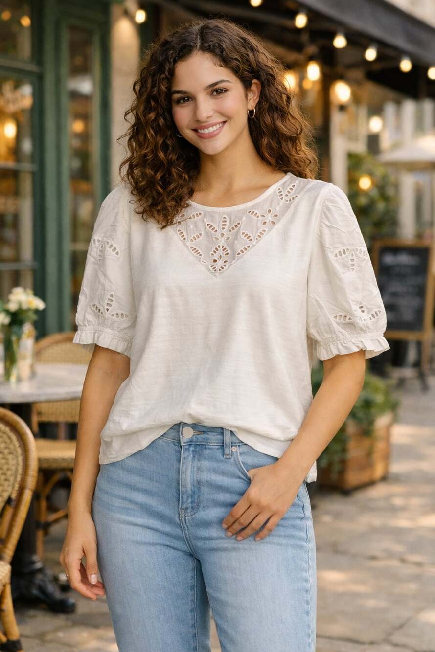 LOFT Eyelet Embroidered Puff Sleeve Top XL White Chic Coquette NWT